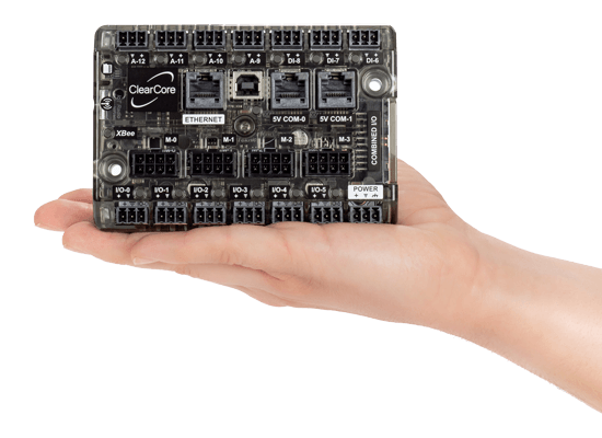 ClearCore motion and I/O controller fitting in the palm of a hand