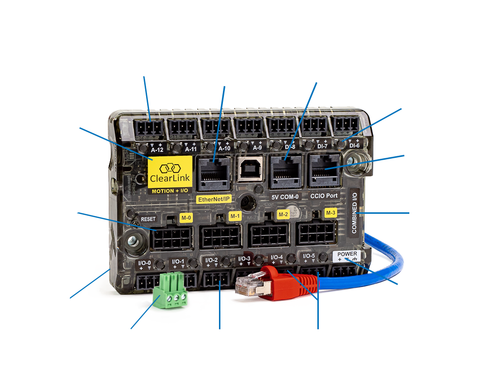 ClearLink EtherNet/IP motion and I/O controller with 13 different functions described with callouts