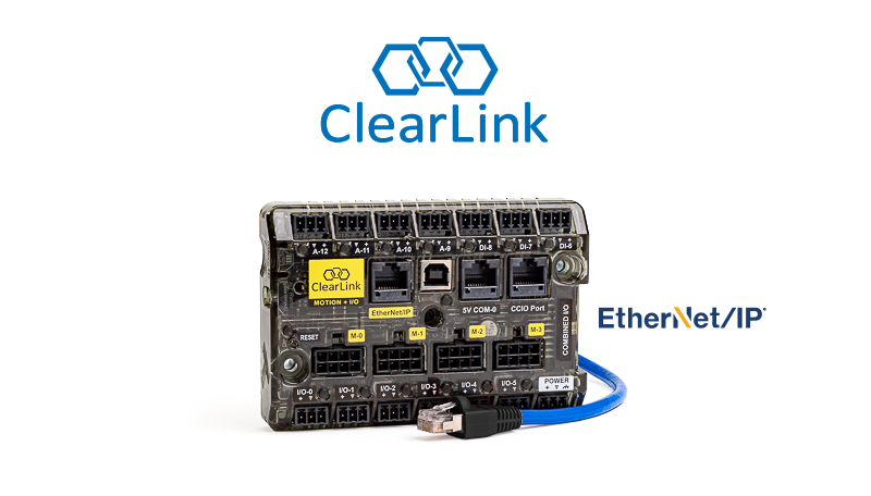 ClearLink EtherNet/IP servo and I/O controller with blue Ethernet cable