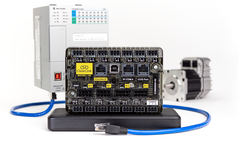 ClearLink EtherNet/IP controller connected with an Allen Bradley PLC and ClearPath servo motor