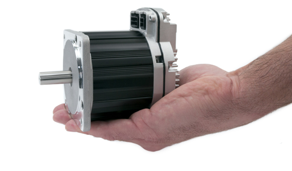 ClearPath NEMA 34 servo motor shown in the palm of a hand with a 3 year warranty logo