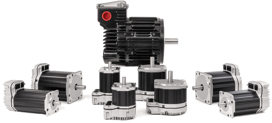 Nine integrated ClearPath SD servo motors displaying the range of physical size options