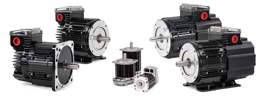 Nine integrated ClearPath MC servo motors displaying the range of physical size options