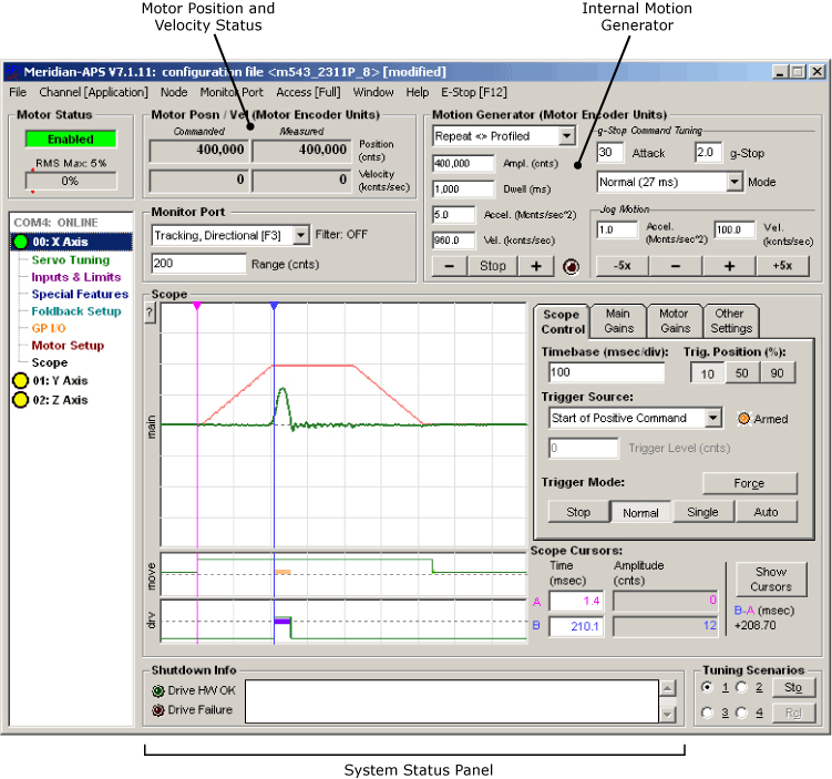 Teknic's Merdian servo controllers' APS rapid prototyping tools for motion control configuration, operation, & diagnostics.