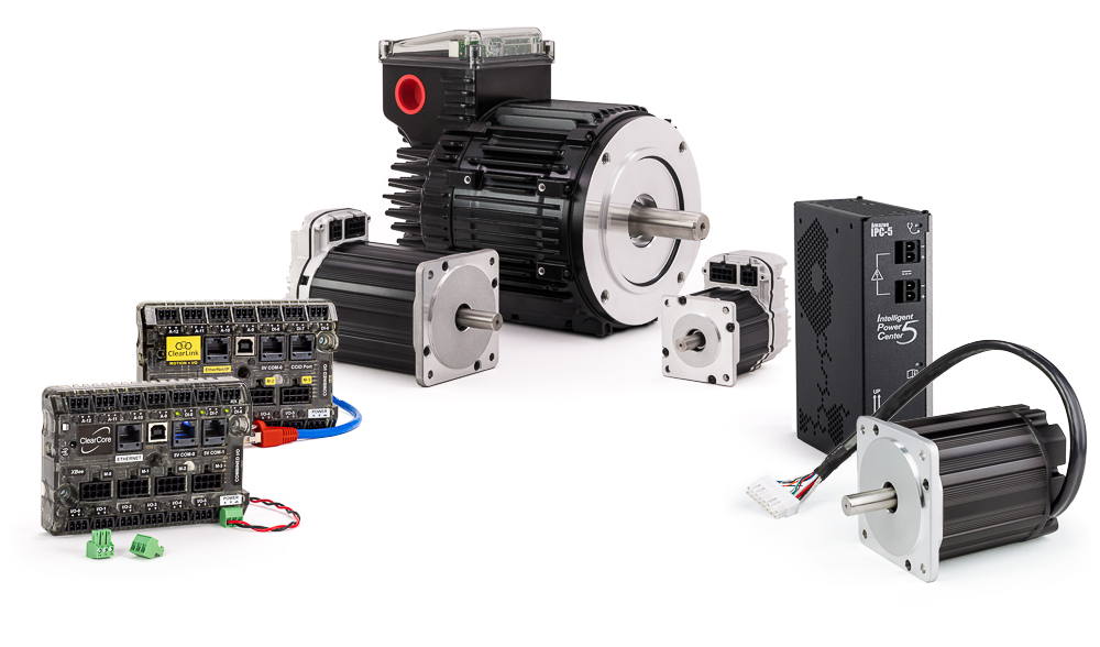 Three integrated servos, ClearCore and ClearLink controllers, Hudson brushless motor, and IPC hybrid power supply